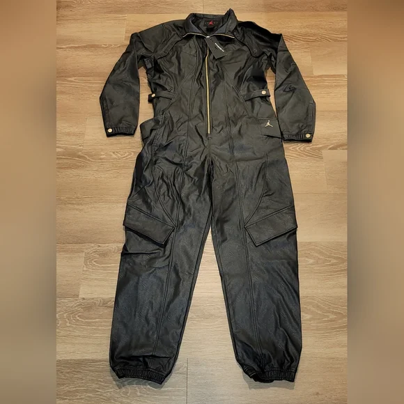 Nike Jordan Court to Runway Faux Leather Flight Suit Black CW6472 010 Size  Large